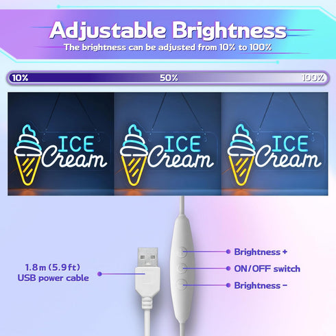 Adjustable,16.1x 11inches CNBEYOUNG Ice Cream Neon Sign, Neon Lights Hanging Wall Art Decoration for Restaurants Ice
