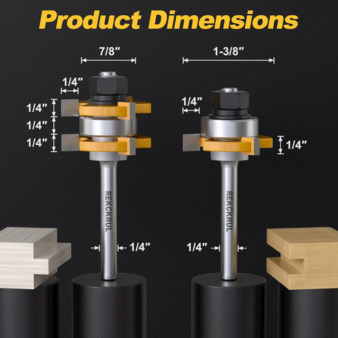 2 Set, 1/4 Inch 3 PCS Professional Tongue and Groove Router Bit Shank Teeth Adjustable T-Shape Wood Milling Cutter