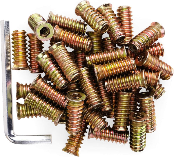 40Pcs Anwenk 1/4"-20 x 25mm Furniture Screw-in Nut, Threaded Wood Inserts with Hex Spanner