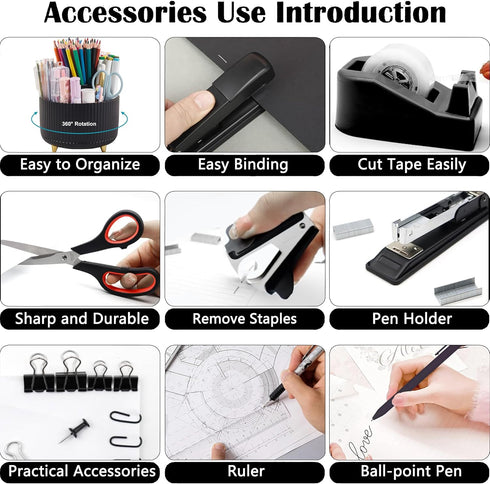 Black Office Supplies Desk Accessories, 360° Pen Holder, Tape Dispenser, Stapler, Staple Remover, 1000 Staples, Ruler,