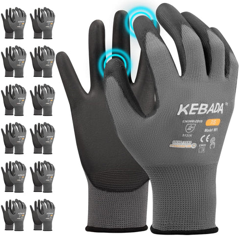W1 Work Gloves for Men and Women, 12 Pairs Bulk Pack Mechanic Gloves with PU Coating