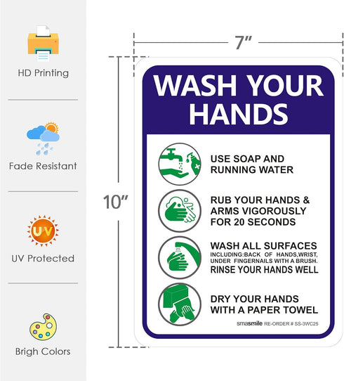 Hand Washing Sticker, 10 Pack 10" x 7" Decals, Please Wash Your Hands Self-Adhesive Vinyl Sign for Indoor & Outdoor