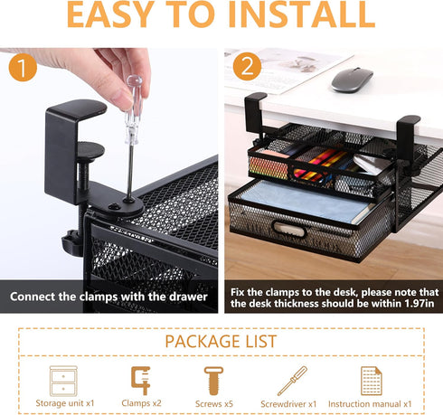 Sliding Under Desk Drawer Organizer with 2 Drawers, No Drilling, Metal Clamp for Home & Office Storage