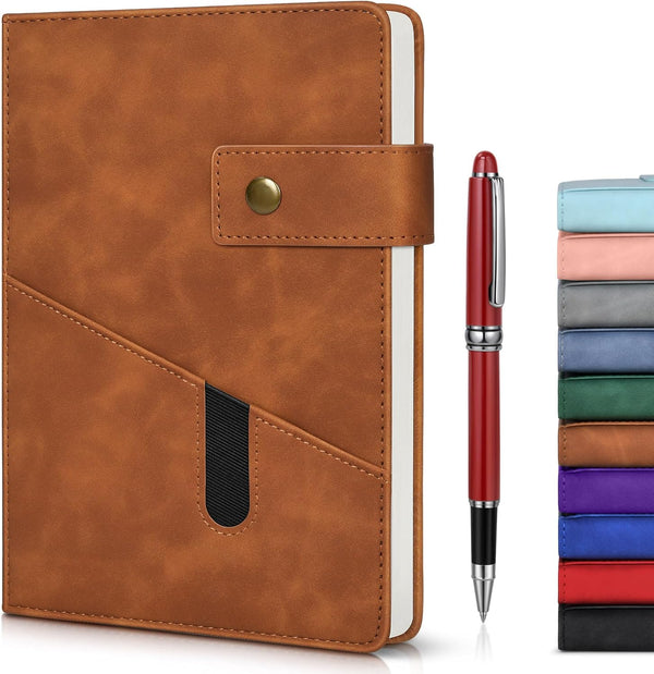 Brown A5 Lined Leather Journal Notebook, 5.9" x 8.4", Personalized Hardcover Journal with Pen, 200 Pages, 100 GSM Thick