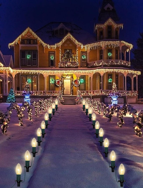 38Ft 25 C9 Christmas Pathway Lights Outdoor, Outdoor Xmas Decorations String Lights with Warm White Christmas Pathway