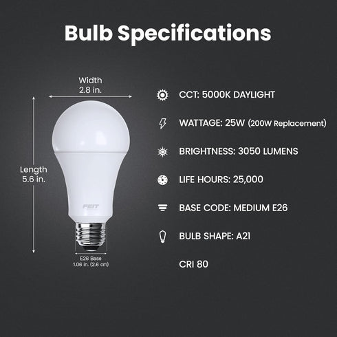 A21 Bulb, 200W Non-Dimmable, 3050 E26 5000k Bulb, 22 OM200/850/LED Feit Electric LED Light Equivalent, Lumens, Standard