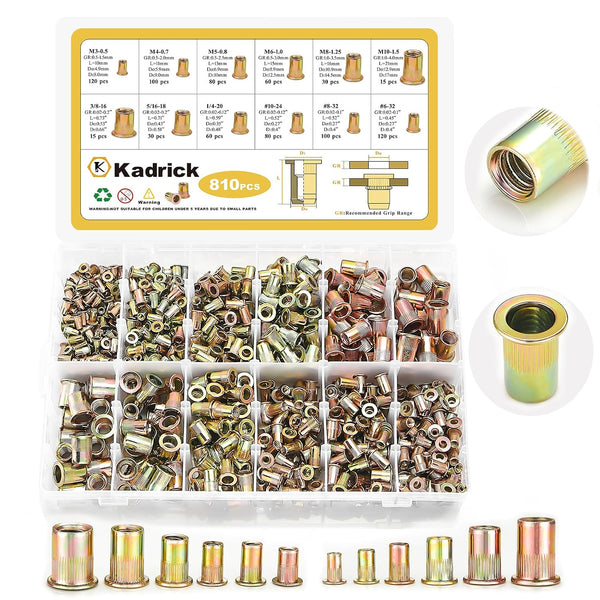 Kadrick Rivet Nut Kit, 810pcs SAE & Metric Rivet Nut Assortment Kit Galvanized