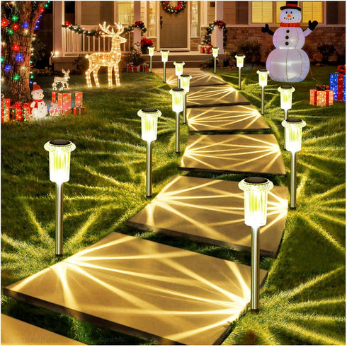 DenicMic 10 Pack 3000K Solar Lights Outdoor Waterproof Warm White LED Stainless Steel Stake Outside Lights for Yard