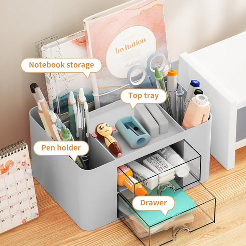 Marbrasse Pen Organizer with 2 Drawers, Multi-Functional Desk Holder with 5 Compartments for Office Art Supplies