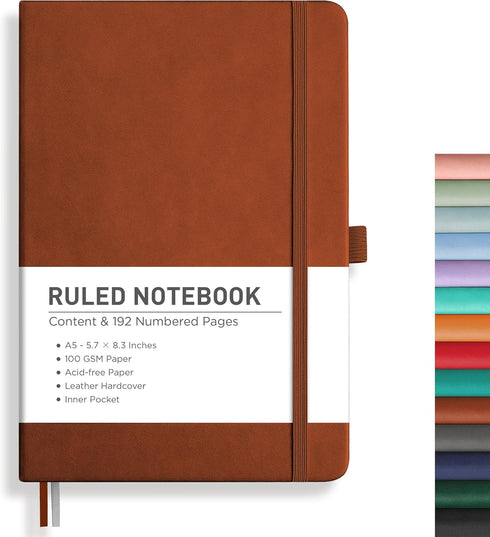 RETTACY Notebook Journal - A5 College Ruled, 192 Numbered Pages, Leather Hardcover, Inner Pocket, 5.7'' × 8.3''