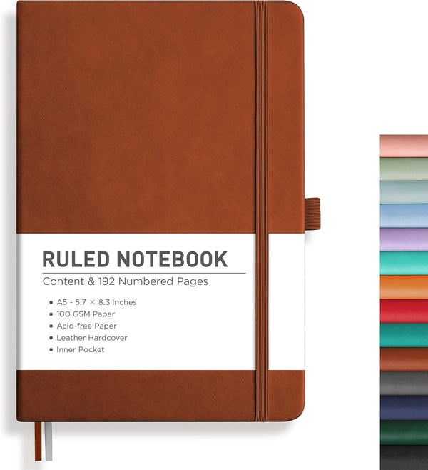 RETTACY Notebook Journal - A5 College Ruled, 192 Numbered Pages, Leather Hardcover, Inner Pocket, 5.7'' × 8.3''