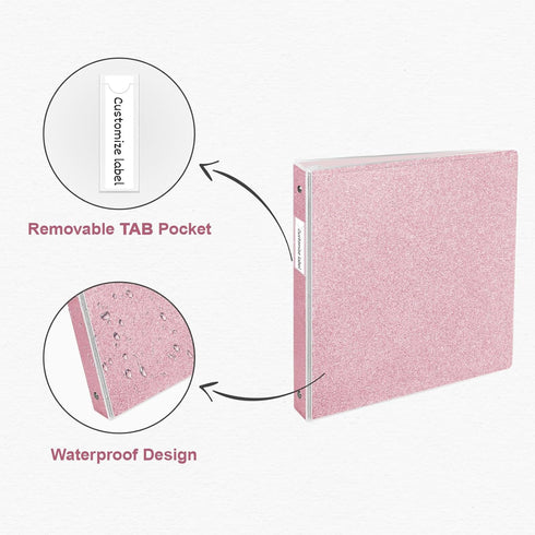 Light Pink 1 Inch Glitter Binders, 3 Ring Fashion View Binder with 2 Pockets, Waterproof for Office Supply