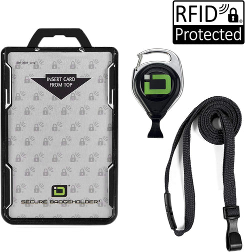 Secure Badgeholder Duolite and Lanyard Combo with IDSH Badge Reel (Black/Black with Reel)