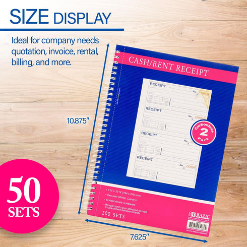 BAZIC PRODUCTS 200 Sets 7 5/8" 10 7/8" 2-Part (200 Sets/Pk), 4-Packs Cash Money or Rent Spiral Bound Receipt Book, x