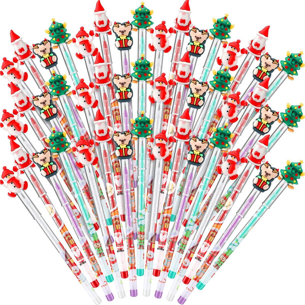 Yexiya Christmas Multi Point Stackable Push Pencil, 48 Pcs Bulk with Xmas Tree Santa Snowman Reindeer Topper