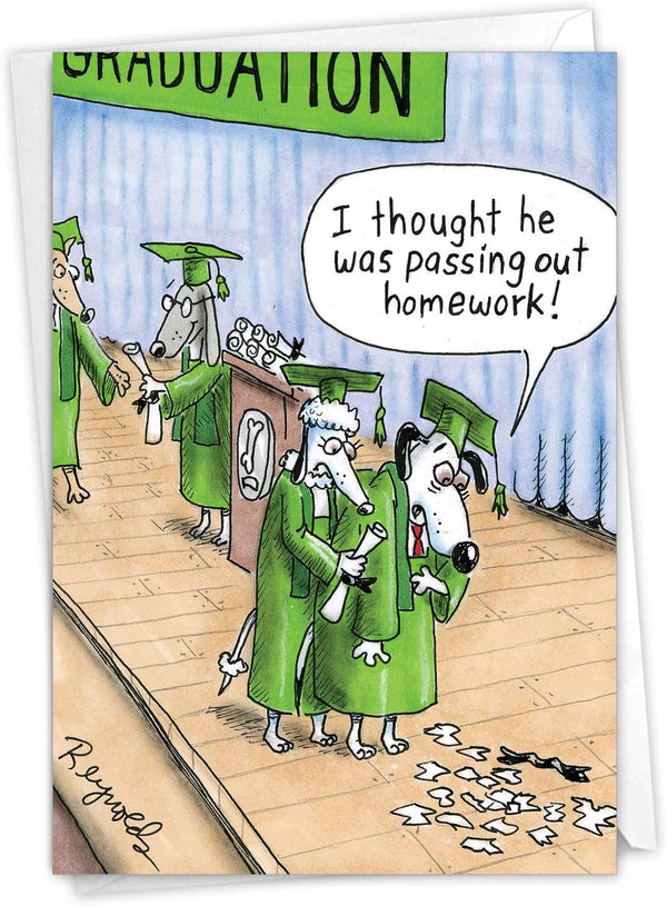 NobleWorks Funny Happy Graduation Card, Cartoon Humor for Grad, Dog Graduation, Notecard with Envelope