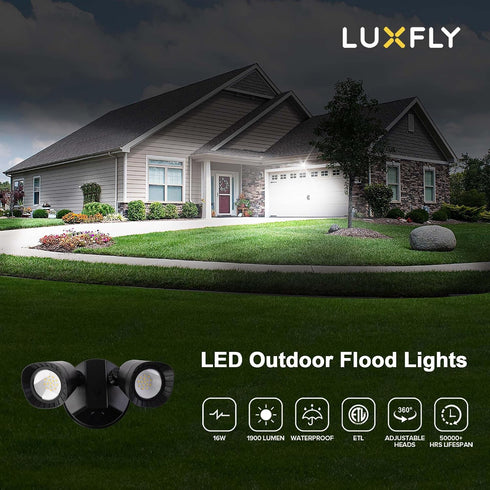 16W 1900LM, IP65 (1 Pack) LED Flood Lights Outdoor, Waterproof Dusk to Dawn Dual Head Security Lights, Exterior Wall
