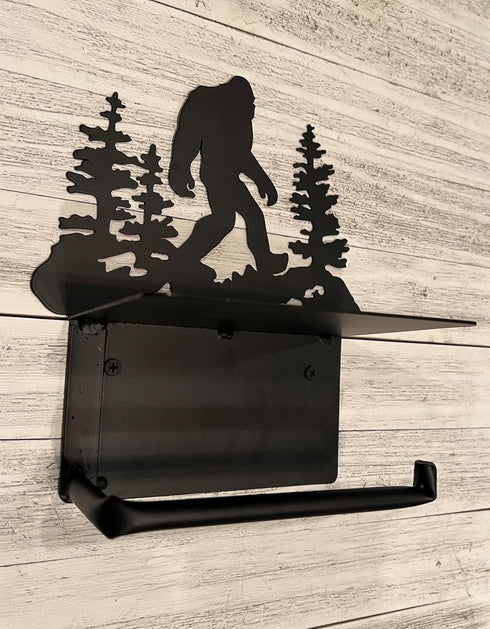 Bigfoot Sasquatch Metal Toilet Paper Holder with Phone Shelf - Wall Moutned Dispenser - Rustic Cabin, Lodge, Mountain