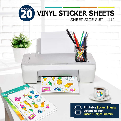 Printable Permanent Vinyl Paper, 20 Sticker Sheets for Printer, Matte White Waterproof, Thick Tear-Resistant