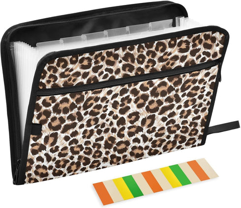 Leopard Cheetah Print Expanding File Folder, 13 Pockets Accordion Organizer, Sticky Labels, Zipper, A4 Document