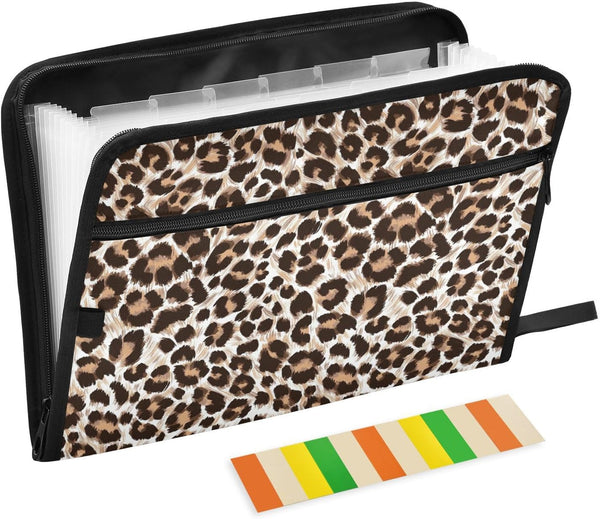 Leopard Cheetah Print Expanding File Folder, 13 Pockets Accordion Organizer, Sticky Labels, Zipper, A4 Document