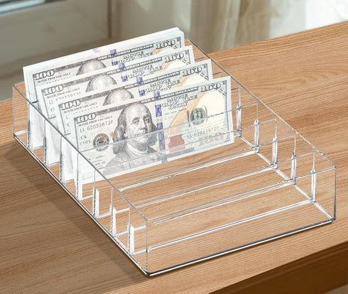 XUWAIDSGN Large Acrylic Cash Organizer - 8 Section Clear Money Budget Tray, Plastic Divider Bill Storage Holder (Clear)