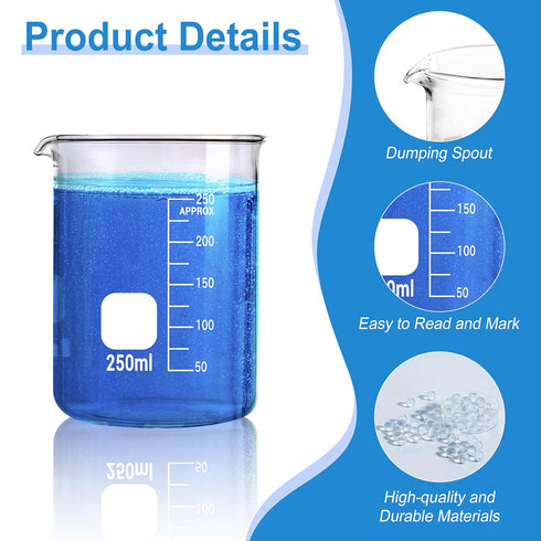 Glass Beakers Set, 5 Sizes - 10ml, 25ml, 50ml, 100ml, 250ml, 3.3 Borosilicate Beakers for Laboratories or Classrooms