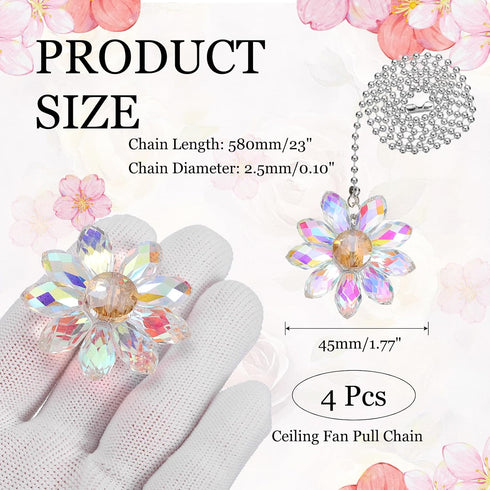 4Pack 24 Inch MECCANIXITY Ceiling Fan Pull Chain, Decorative Ornaments Crystal Flower Pendant Pull Chain Extender
