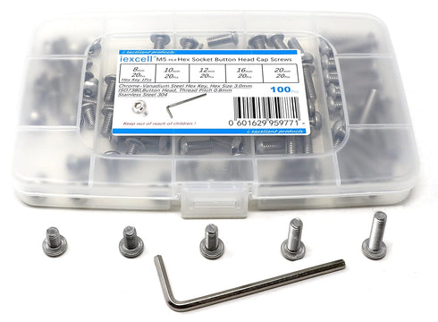 iexcell 100 Pcs M5 x 8/10/12/16/20 Stainless Steel 304 Hex Socket Button Head Cap Screws Assortment Kit