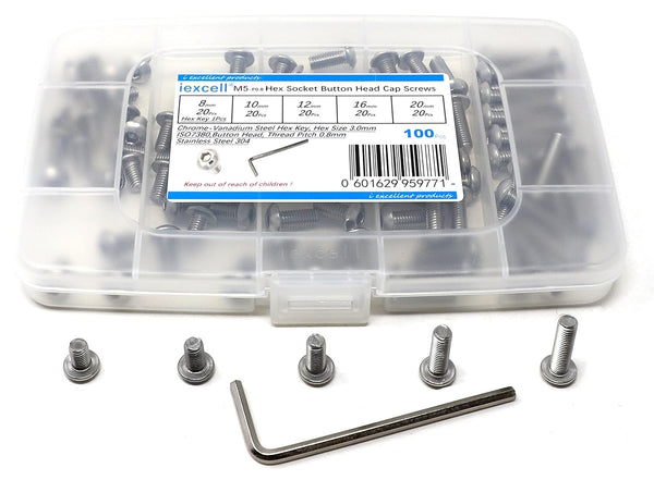 iexcell 100 Pcs M5 x 8/10/12/16/20 Stainless Steel 304 Hex Socket Button Head Cap Screws Assortment Kit