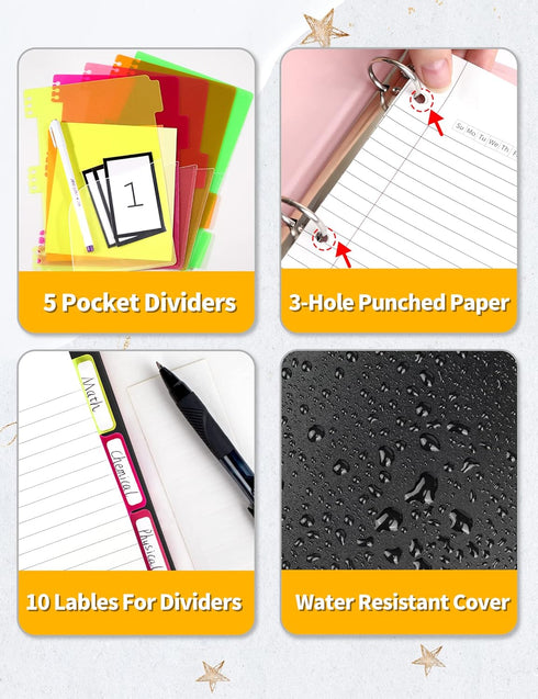 SUNEE 5 Subject Notebook, College Ruled, 300 Pages, 8.2"x10.8", 5 Pocket Colored Dividers, 3-Hole Punched Paper, Black
