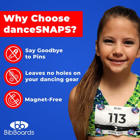 DanceSNAPS Bib Clips - Safety Lock Fasteners - Secures Dance Competition & Dance Conventions Event Numbers