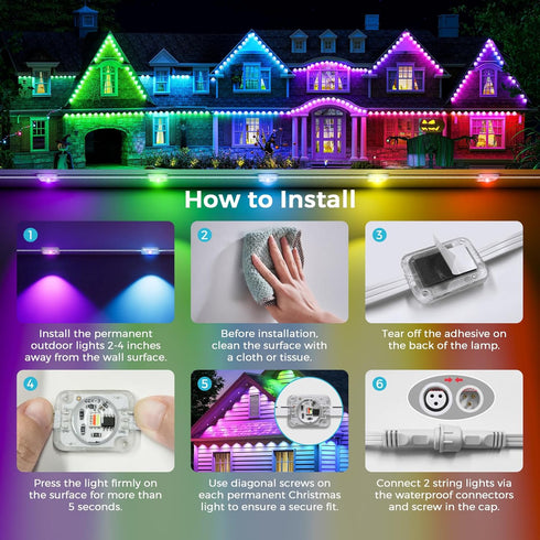 150ft IP67 50 LunaSync Permanent Outdoor Lights, RGBIC Smart LED Eaves Lights with App & Remote Control, Waterproof