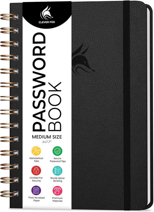 Clever Fox Password Book Spiral - Internet Address & Password Organizer with Laminated Tabs, Medium Size, Black