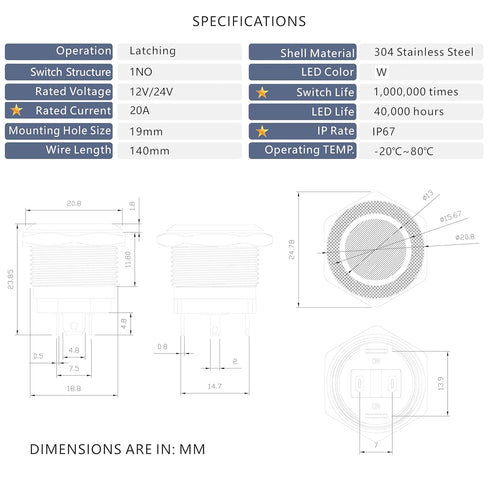 LED Latching Stainless Steel Push Button Switch, 12-24V DC 20A 1NO On Off with Wire Socket