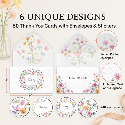 60 Envelopes,6 4x6Bulk Set-Thank Racrico Embossed Thank You Cards With Elegant Floral Designs, Thank You Card You