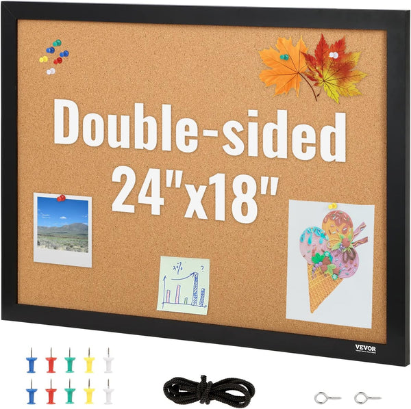 VEVOR Cork Board for Walls, Double-Sided 24'' x 18'' Bulletin Board with Framed for Office Home