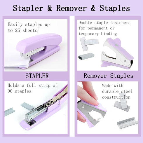 Purple Desk Accessories, 360° Pen Holder with Tape Dispenser, Stapler, and Office Supplies Set