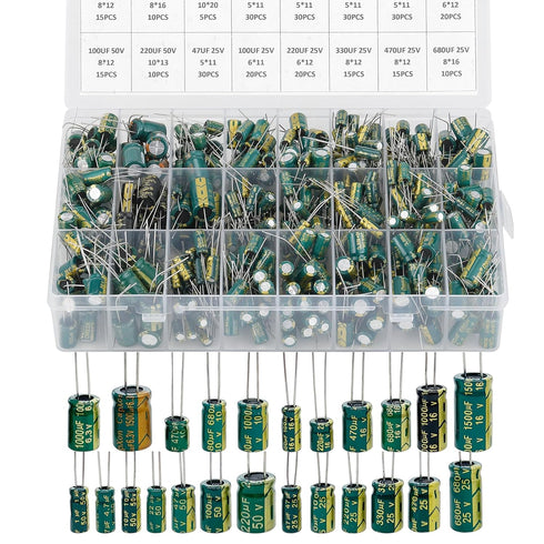 460Pcs 24Value Capacitor Assortment Box Kit, 6.3V-50V DIP 1uF-1500uF High Frequency Aluminum Electrolytic Capacitors