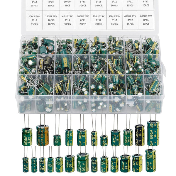 460Pcs 24Value Capacitor Assortment Box Kit, 6.3V-50V DIP 1uF-1500uF High Frequency Aluminum Electrolytic Capacitors