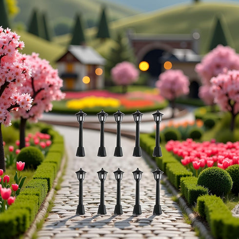 Tustao 10Pcs Black Mini Miniature Street Light Model, Railway Train Post Lamps Light Poles for Outside,Pole Black Lamp