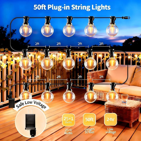 50ft 25 Bulbs Voltage(24V) Dimmable IP65 G40 SANBEN Outdoor String Lights with Remote, Low Patio Lights, & Timer