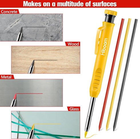 Hiboom 3 Pack Solid Carpenter Pencil with Cap and 21 Pcs Refills, Deep Hole Mechanical Pencil Marker for Woodworking