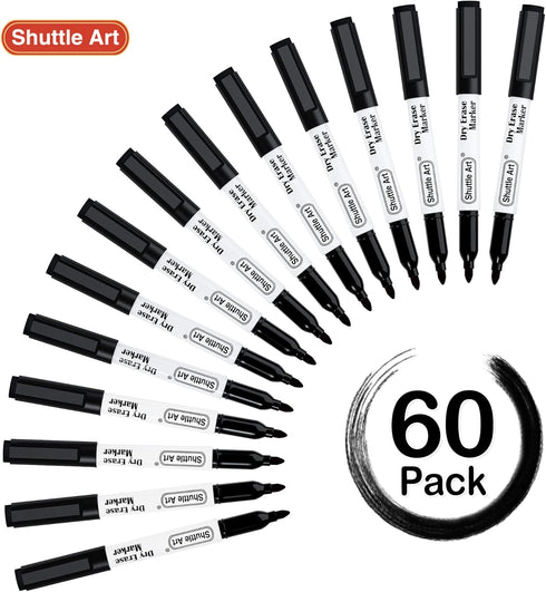 Shuttle Art Black Dry Erase Markers - 60 Pack Magnetic Fine Point Markers for Writing on Whiteboards, Mirrors, School