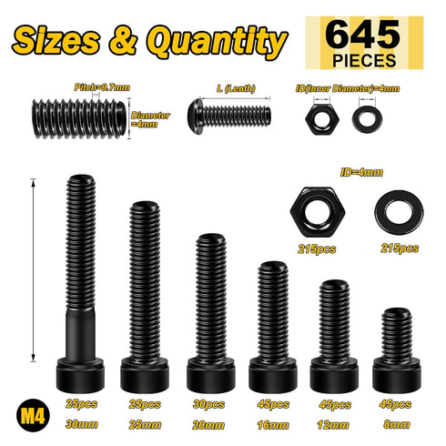 645 Pieces M4 Screws Nuts and Bolts Set, Hex Socket Head Cap Screws Assortment Kit, 10.9 Grade