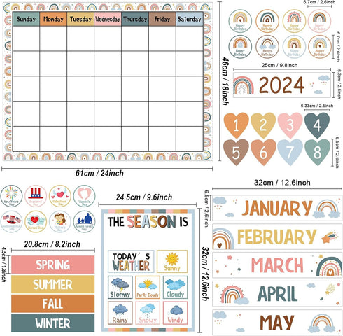 Boho Rainbow Classroom Calendar Set for Teachers, Bulletin Board Decorations with Seasons, Weather, Days of the Week