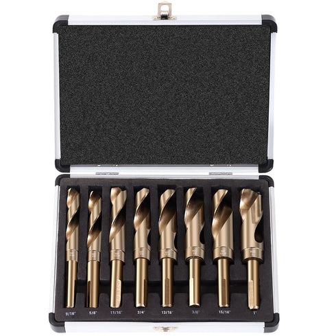 Reduced Shank Drill Bit Set, 8Pcs High-Speed Steel, 1/2” Deming Large Drill Bit Set for Home DIY, General Building,