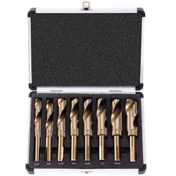 Reduced Shank Drill Bit Set, 8Pcs High-Speed Steel, 1/2” Deming Large Drill Bit Set for Home DIY, General Building,