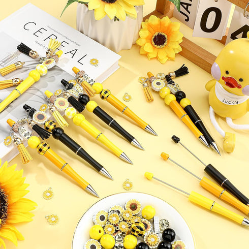ReliThick 15 Sets Sunflower Beadable Pens Bulk Plastic Beadable Pens Assorted Bead Pens Wood Spacer Round Beads Black Ink Ballpoint Pen DIY Bead Pen Set for Women Kids by ReliThick