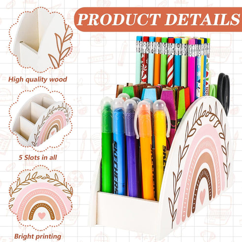 Back to School Rainbow Pencil Pen Holder, Boho White Pink Wooden Organizer for Makeup Brushes, Crayon, Office Supplies